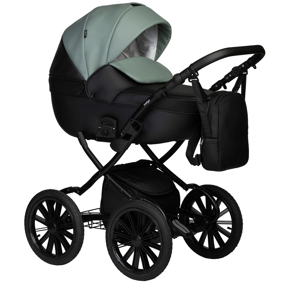 Коляска 2 в 1 Indigo MIO ECO Plus 14"  (05 (черная кожа+шалфей кожа))