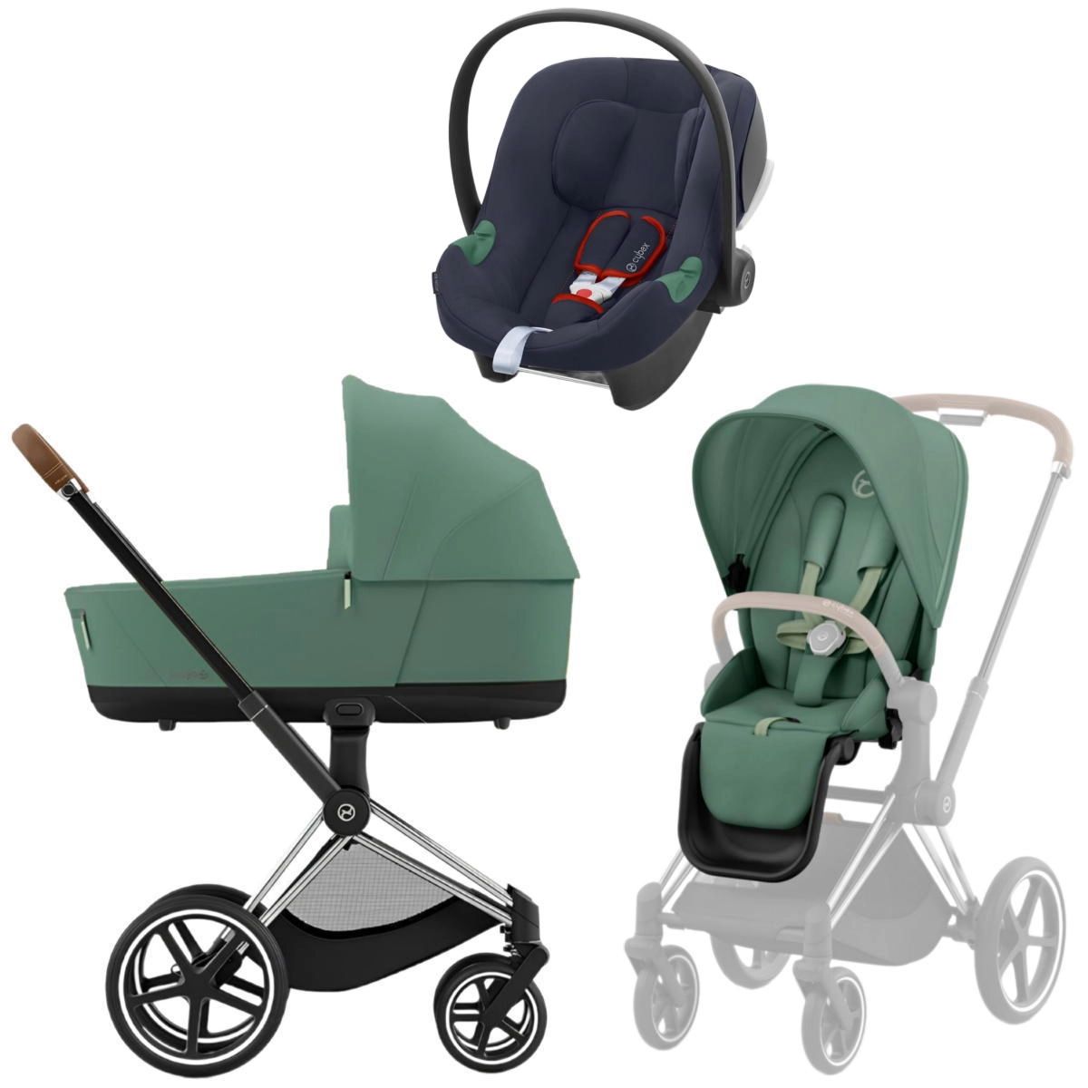 Коляска 3 в 1 Cybex Priam IV Chrome Brown Leaf Green и автокресло Aton B2 i-Size  (Bay Blue)