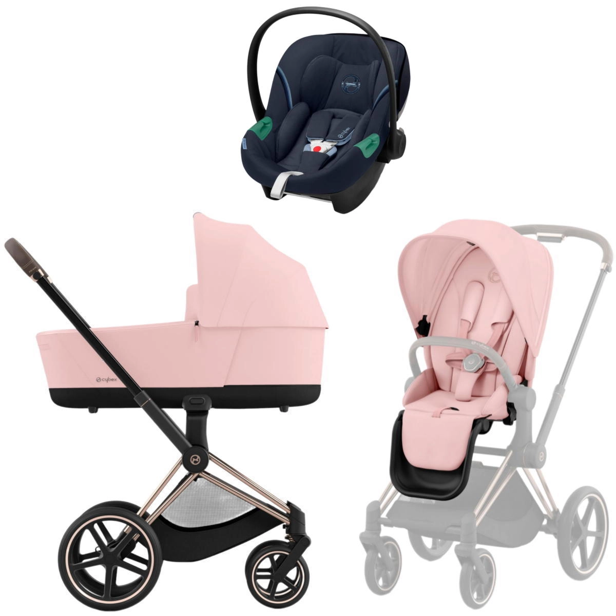 Коляска 3 в 1 Cybex Priam IV Rosegold Peach Pink и автокресло Aton S2 i-Size (Ocean Blue)