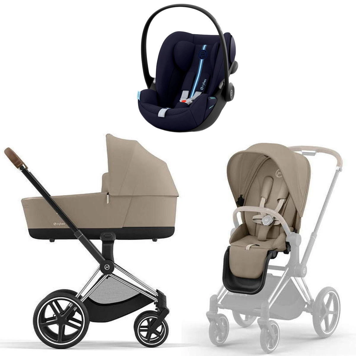 Коляска 3 в 1 Cybex Priam IV Chrome Brown Cozy Beige и автокресло Cloud G i-Size (Ocean Blue Plus)
