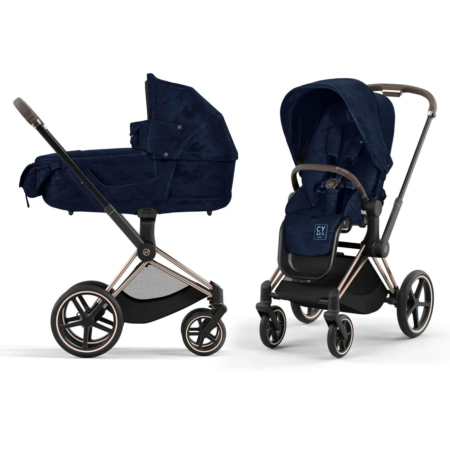 Коляска 2 в 1 Cybex Priam IV (шасси Rosegold FE Rebellious Luxury Denim Blue)