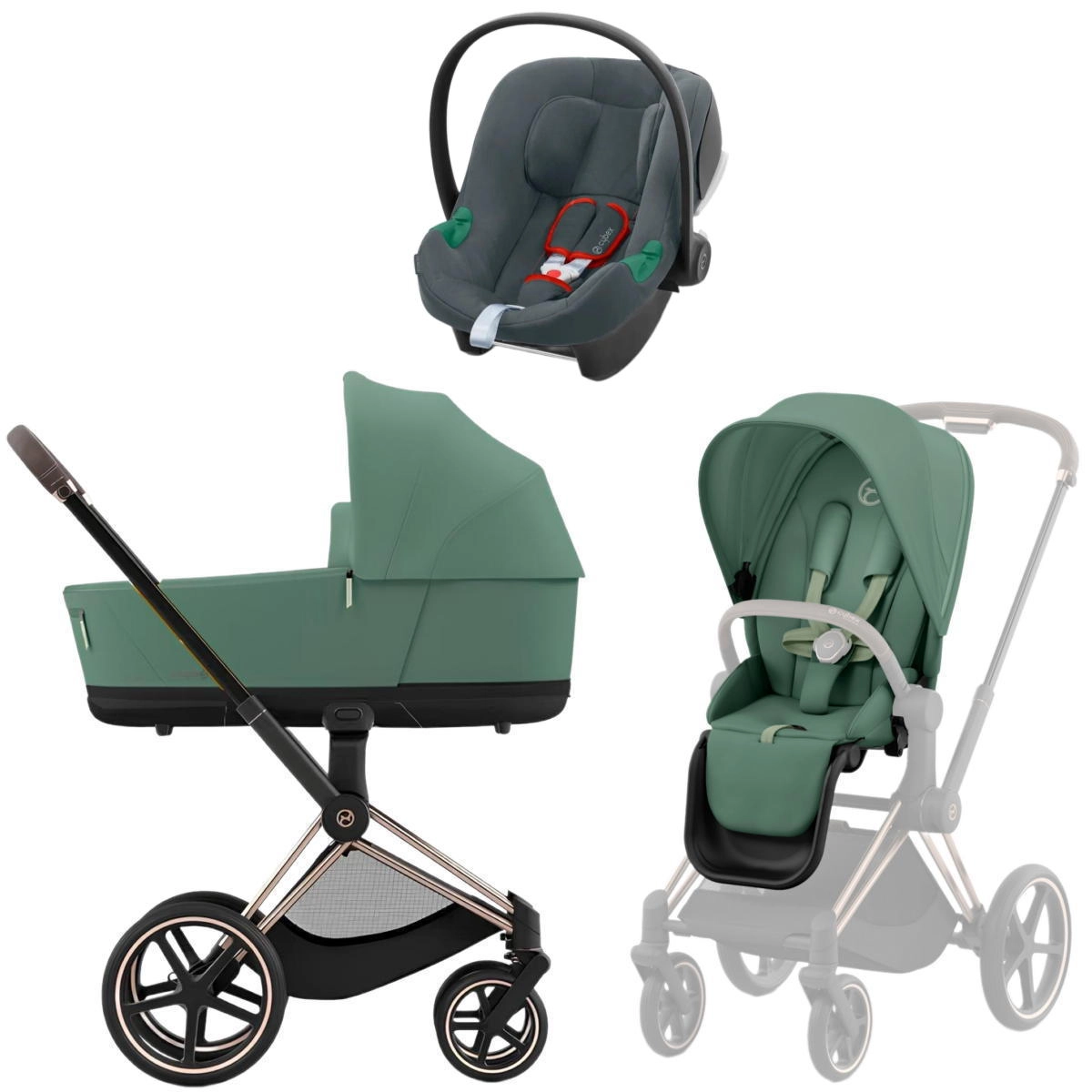 Коляска 3 в 1 Cybex Priam IV Rosegold Leaf Green и автокресло Aton B2 i-Size (Steel Grey)