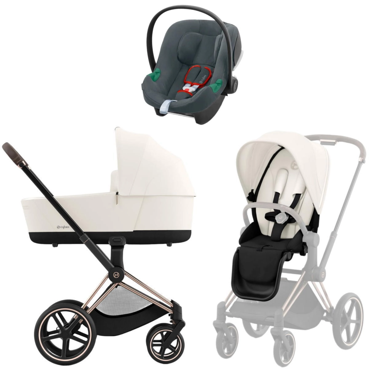 Коляска 3 в 1 Cybex Priam IV Rosegold Off White и автокресло Aton B2 i-Size (Steel Grey)