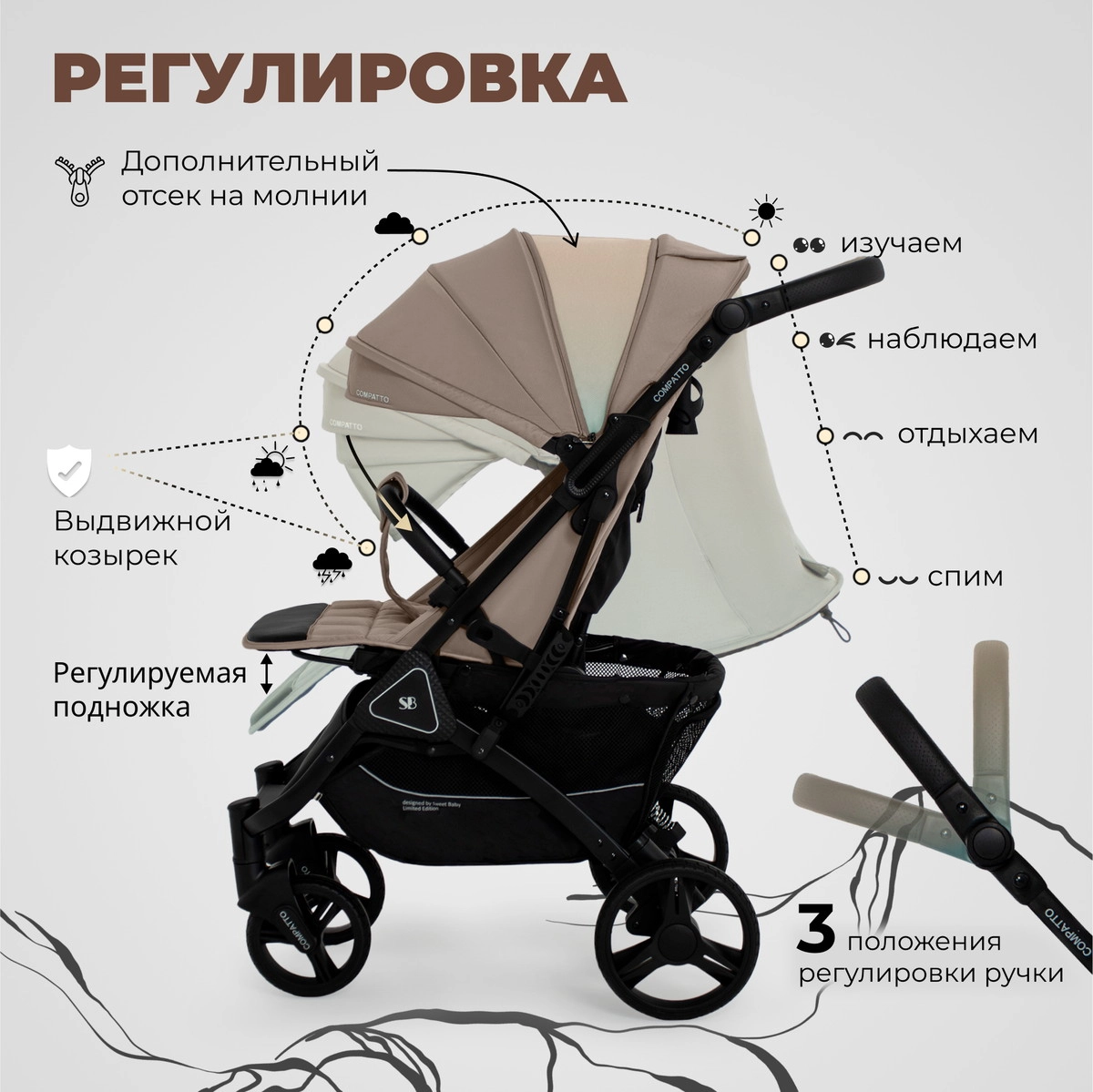 Прогулочная коляска Sweet Baby Compatto Beige x4nxz5gss35l0vgj64gl5mcyc87xoyn1