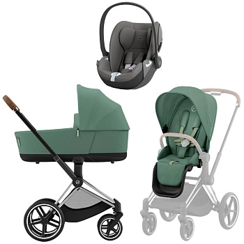 Коляска 3 в 1 Cybex Priam IV Chrome Brown Leaf Green и автокресло Cloud T i-Size (Mirage Grey)