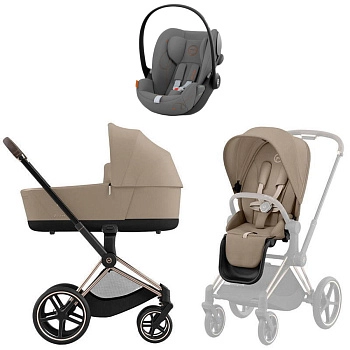 Коляска 3 в 1 Cybex Priam IV Rosegold Cozy Beige и автокресло Cloud G i-Size (Lava Grey)