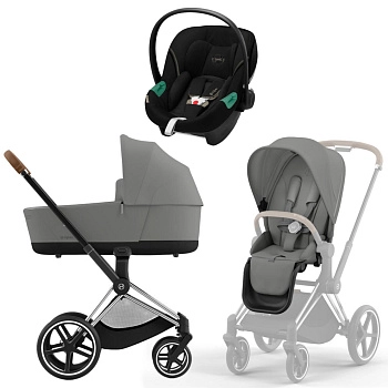 Коляска 3 в 1 Cybex Priam IV Chrome Brown Mirage Grey и автокресло Aton S2 i-Size (Moon Black)