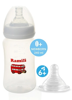 Противоколиковая бутылочка Ramili Baby 240 мл. с двумя сосками 0+ и 6+ (240MLBT100L, слабый и быстры (стандарт)