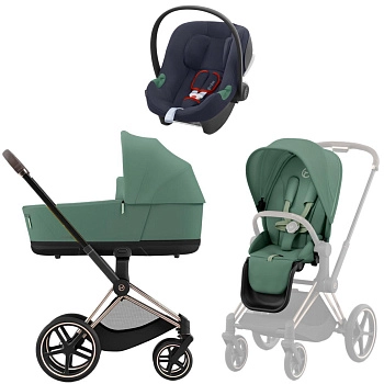 Коляска 3 в 1 Cybex Priam IV Rosegold Leaf Green и автокресло Aton B2 i-Size (Bay Blue)