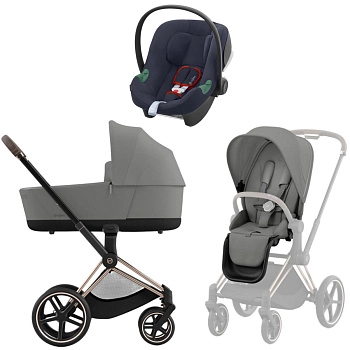 Коляска 3 в 1 Cybex Priam IV Rosegold Mirage Grey и автокресло Aton B2 i-Size (Bay Blue)