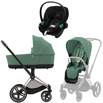 Коляска 3 в 1 Cybex Priam IV Rosegold Leaf Green и автокресло Aton S2 i-Size (Moon Black)