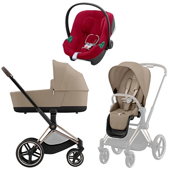 Коляска 3 в 1 Cybex Priam IV Rosegold Cozy Beige и автокресло Aton B2 i-Size (Dynamic Red)