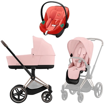 Коляска 3 в 1 Cybex Priam IV Rosegold Peach Pink и автокресло Aton S2 i-Size (Hibiscus Red)