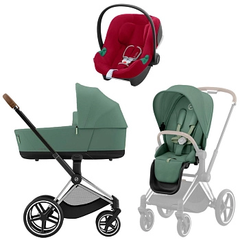 Коляска 3 в 1 Cybex Priam IV Chrome Brown Leaf Green и автокресло Aton B2 i-Size  (Dynamic Red)