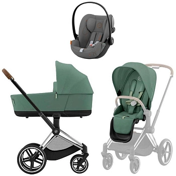Коляска 3 в 1 Cybex Priam IV Chrome Brown Leaf Green и автокресло Cloud G i-Size (Lava Grey)