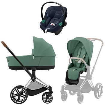 Коляска 3 в 1 Cybex Priam IV Chrome Brown Leaf Green и автокресло Aton S2 i-Size (Ocean Blue)
