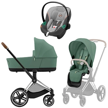 Коляска 3 в 1 Cybex Priam IV Chrome Brown Leaf Green и автокресло Aton S2 i-Size (Lava Grey)