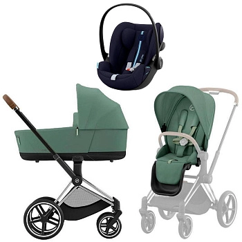 Коляска 3 в 1 Cybex Priam IV Chrome Brown Leaf Green и автокресло Cloud G i-Size (Ocean Blue Plus)