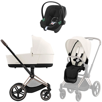 Коляска 3 в 1 Cybex Priam IV Rosegold Off White и автокресло Aton B2 i-Size (Volcano Black)