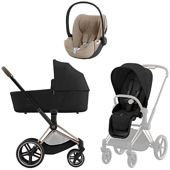 Коляска 3 в 1 Cybex Priam IV Rosegold Sepia Black и автокресло Cloud T i-Size (Cozy Beige Plus)