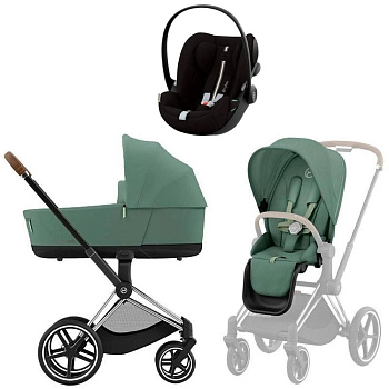 Коляска 3 в 1 Cybex Priam IV Chrome Brown Leaf Green и автокресло Cloud G i-Size (Moon Black Plus)