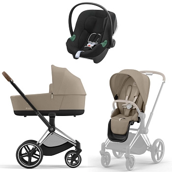 Коляска 3 в 1 Cybex Priam IV Chrome Brown Cozy Beige и автокресло Aton B2 i-Size  (Volcano Black)