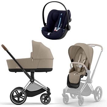 Коляска 3 в 1 Cybex Priam IV Chrome Brown Cozy Beige и автокресло Cloud G i-Size (Ocean Blue Plus)