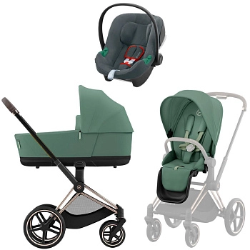 Коляска 3 в 1 Cybex Priam IV Rosegold Leaf Green и автокресло Aton B2 i-Size (Steel Grey)