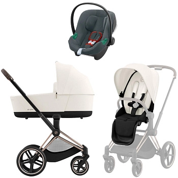 Коляска 3 в 1 Cybex Priam IV Rosegold Off White и автокресло Aton B2 i-Size (Steel Grey)