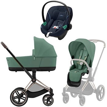 Коляска 3 в 1 Cybex Priam IV Rosegold Leaf Green и автокресло Aton S2 i-Size (Ocean Blue)