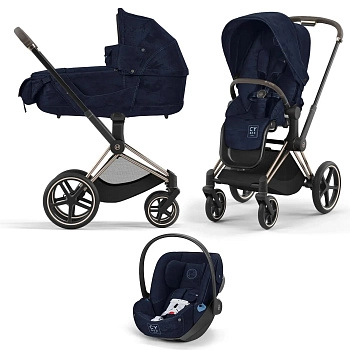 Коляска 3 в 1 Cybex Priam IV (шасси Rosegold FE Rebellious Luxury Denim Blue)